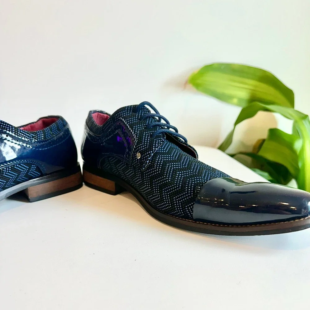 Mens Navy Blue Chevron Pattern Patent Cap Toe Dress Shoes‎ Oxford Size 8.5